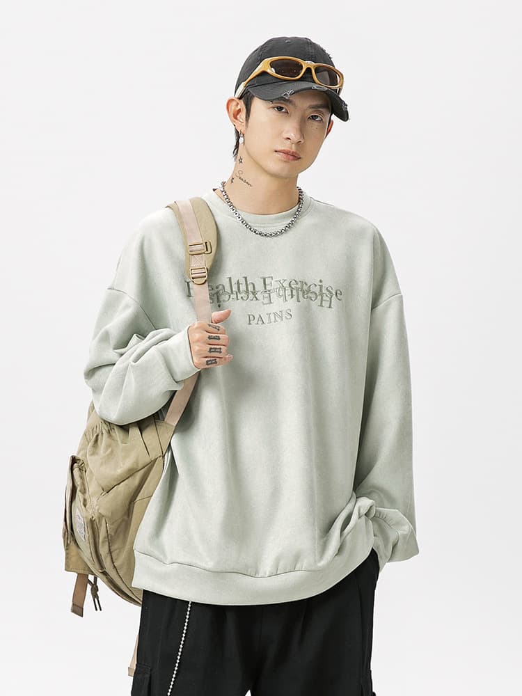 40 代 ファッション メンズ 上質スエード 刺繍入り スウェットシャツ 秋冬 全4色