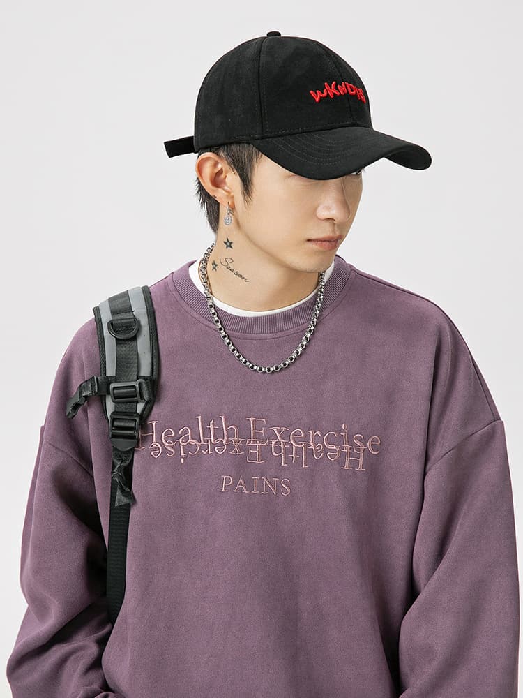 40 代 ファッション メンズ 上質スエード 刺繍入り スウェットシャツ 秋冬 全4色