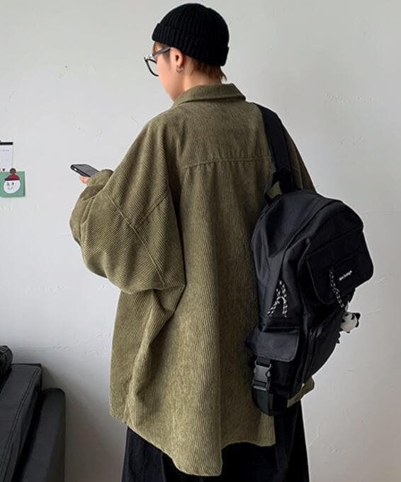 40 代 ファッション メンズ 秋冬 メンズ コーデュロイ オーバーサイズシャツ カーキ