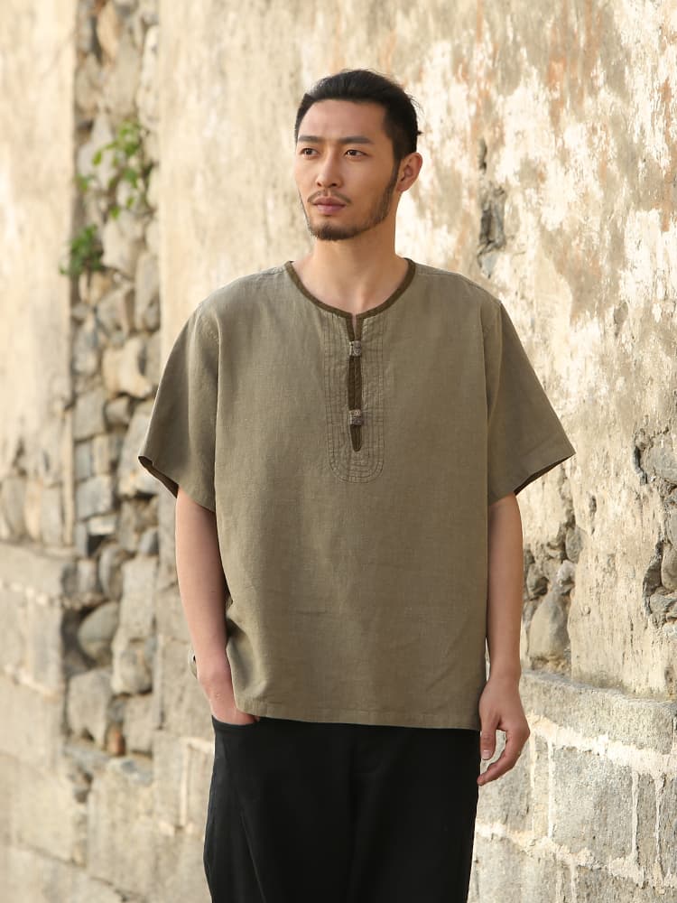40 代 ファッション メンズ 麻混リネン風ヘンリーネック半袖