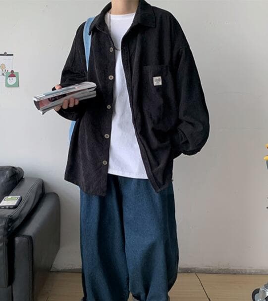 40 代 ファッション メンズ 秋冬 メンズ コーデュロイ オーバーサイズシャツ カーキ