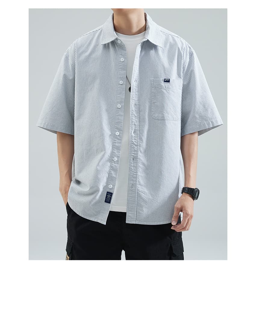 40 代 ファッション メンズ ゆったり半袖ストライプシャツ