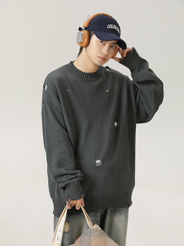 40 代 ファッション メンズ ダメージ加工 ニットシャツ 秋冬 メンズ ゆったり長袖 全3色