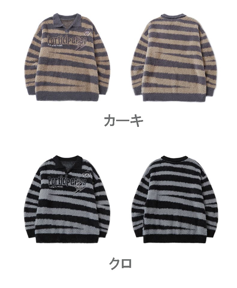 40 代 ファッション メンズ メンズ ボーダー刺繍 長袖ニットシャツ 秋冬 全2色