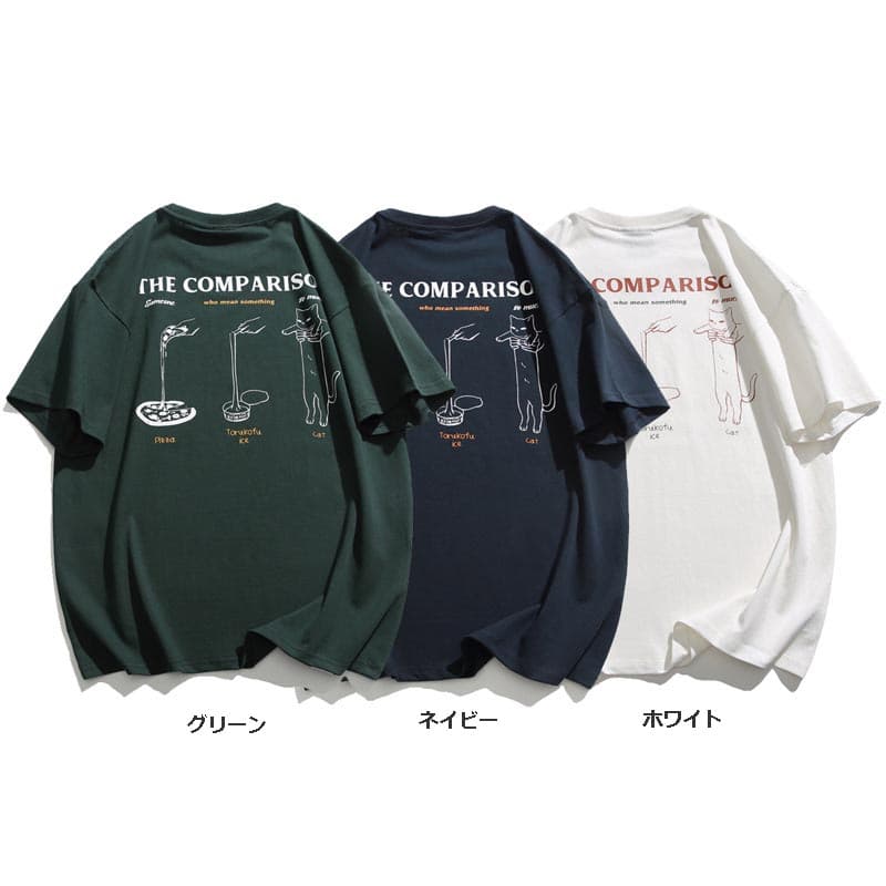 40 代 ファッション メンズ ユニセックス 猫イラストプリントTシャツ 全3色 ストリート系