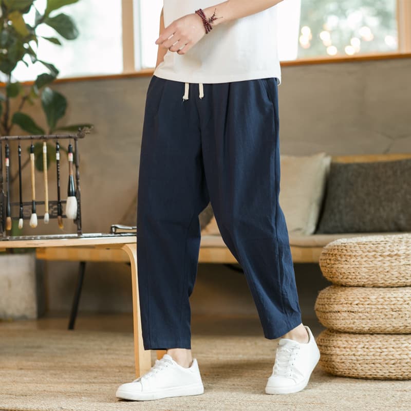 40 代 ファッション メンズ リラクシング麻混ワイドパンツ