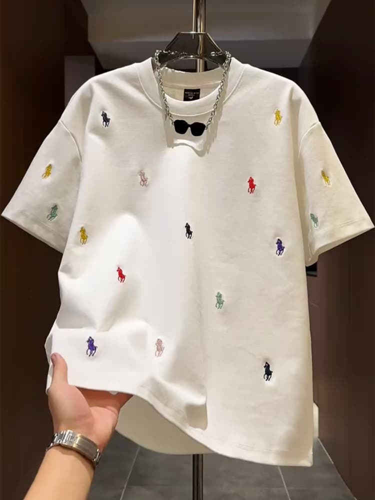 40 代 ファッション メンズ 彩り騎士刺繍 上質コットンTシャツ