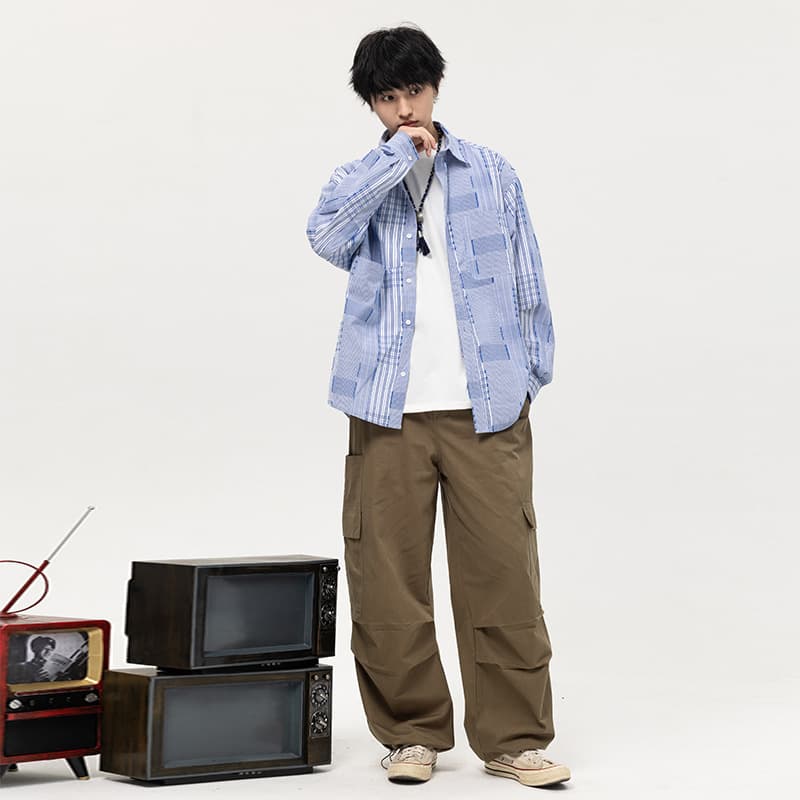 40 代 ファッション メンズ オーバーサイズ チェック柄 長袖シャツ メンズ 春秋 ストリート