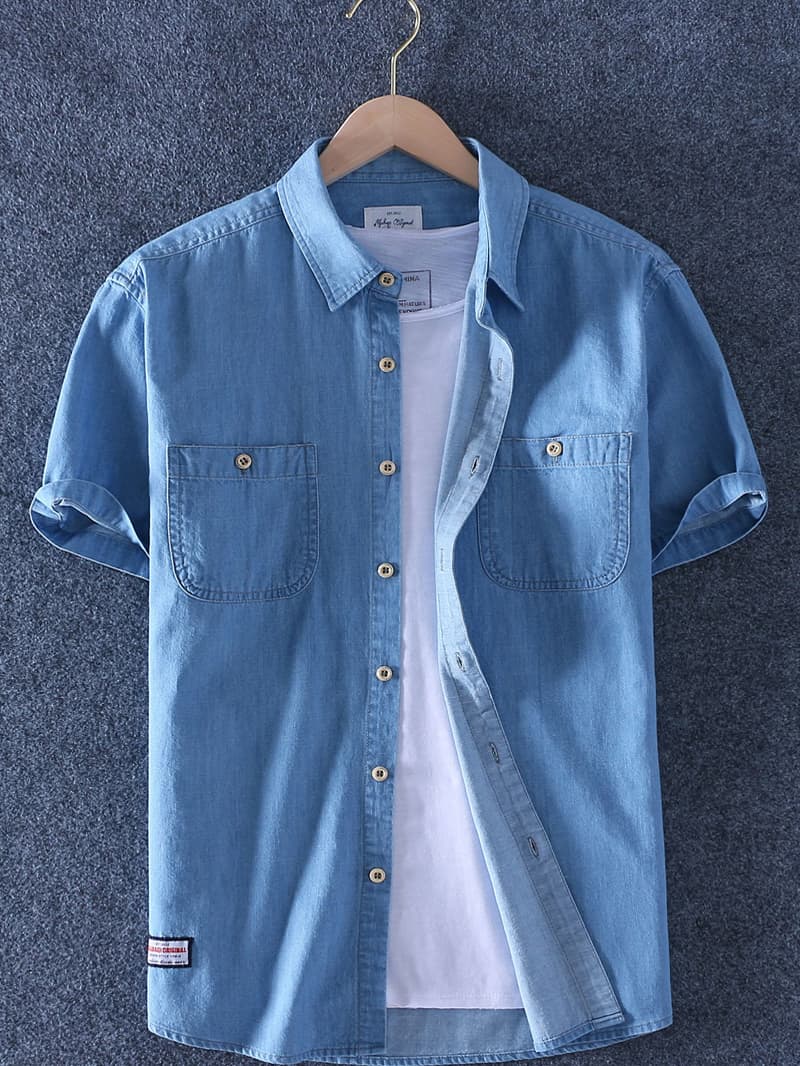 40 代 ファッション メンズ 洗い加工ダブルポケット半袖シャツ